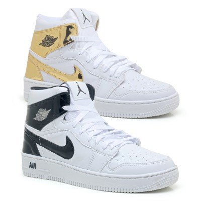 Kit 2 Tênis Bota Nike Air Jordan Branco Dourado e Branco Preto